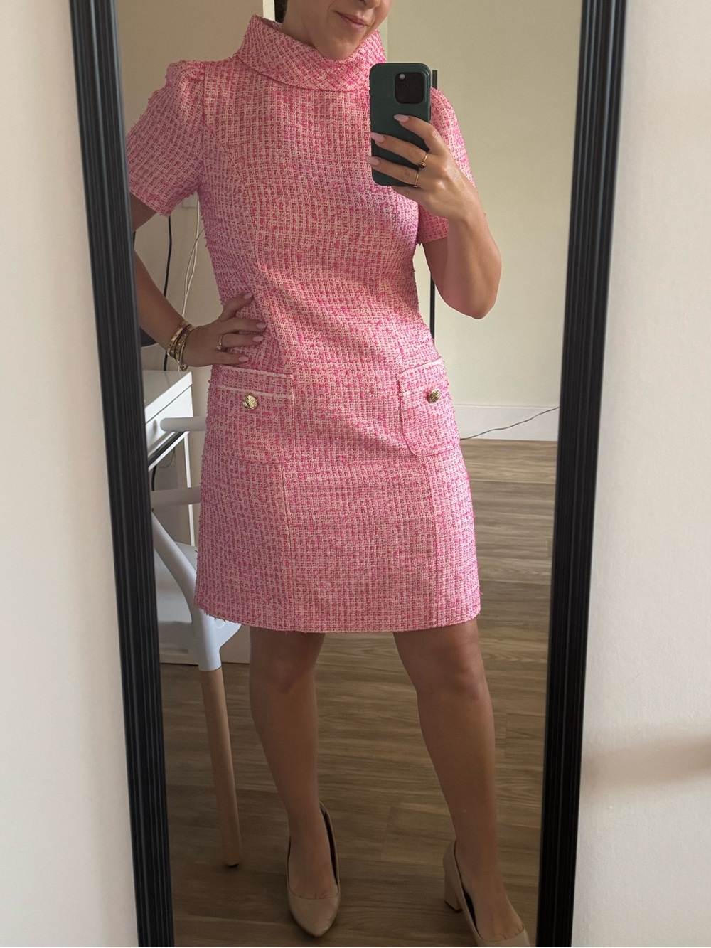Lilly Pulitzer Pink Tweed Mini Dress with Decorative Pockets
